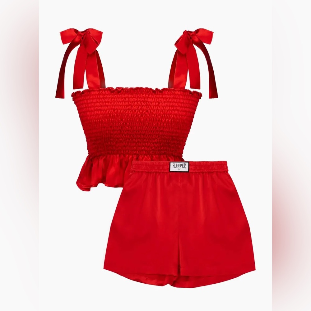 Sleeper Silk Satin Pajama Set Red Short Set Tie Straps 100% Silk Womens SZ Small